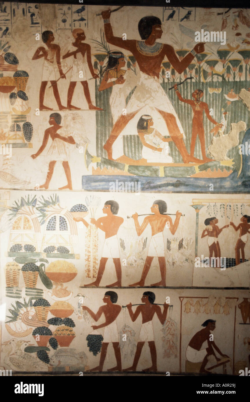 Paintings of scenes of everday life in the tomb of Nakht Minister of Agriculture in the reign of Tutmosis IV Valley of the Stock Photo