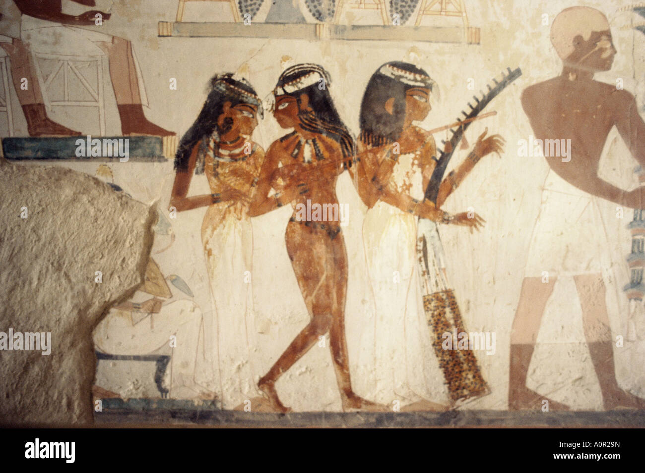 Wall paintings of female musicians in the tomb of Nakht Minister of Agriculture in the reign of Tutmosis IV Valley of the Stock Photo