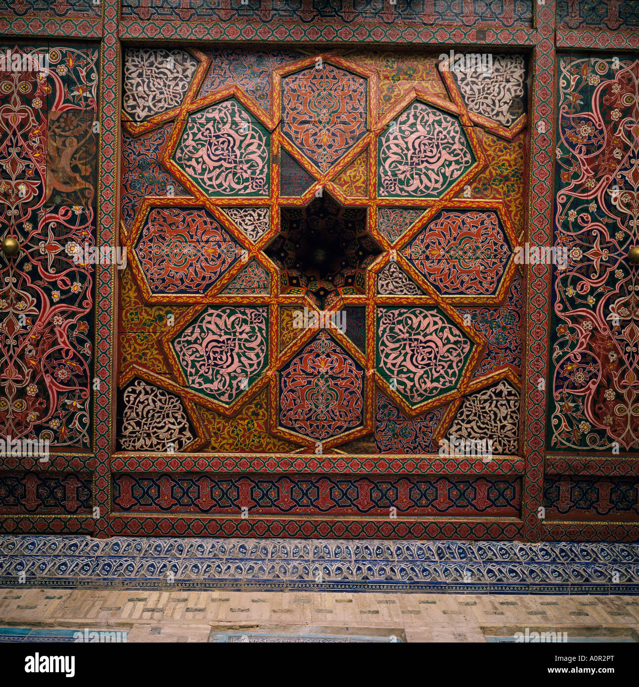 Painted wooden ceiling Tash Khaili Palace Khiva Uzbekistan C I S Central Asia Asia Stock Photo