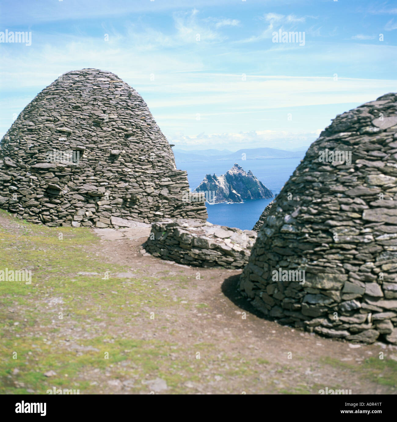 Stone beehive huts Skellig Michael UNESCO World Heritage Site County Kerry Republic of Ireland Eire Europe Stock Photo