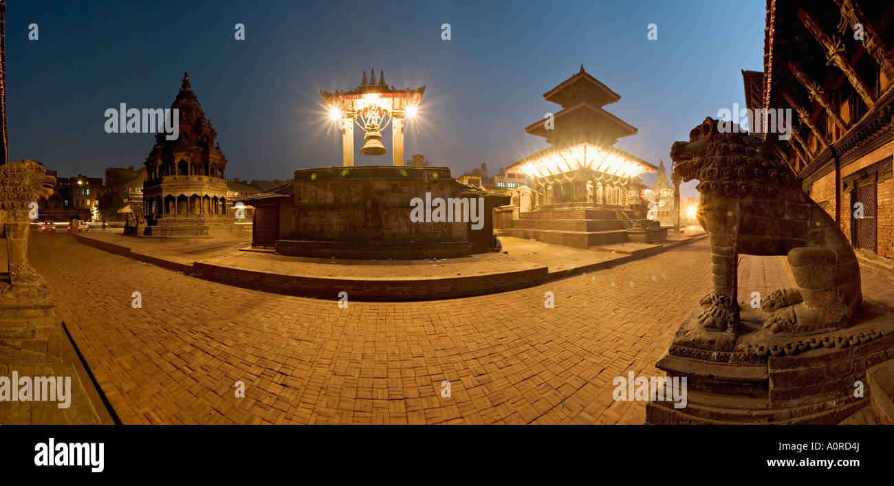 Durbar Square containg from the left the Chyasin Dewal temple Taleju bell the Hari Shankar Mandir stone lions flanking steps to Stock Photo