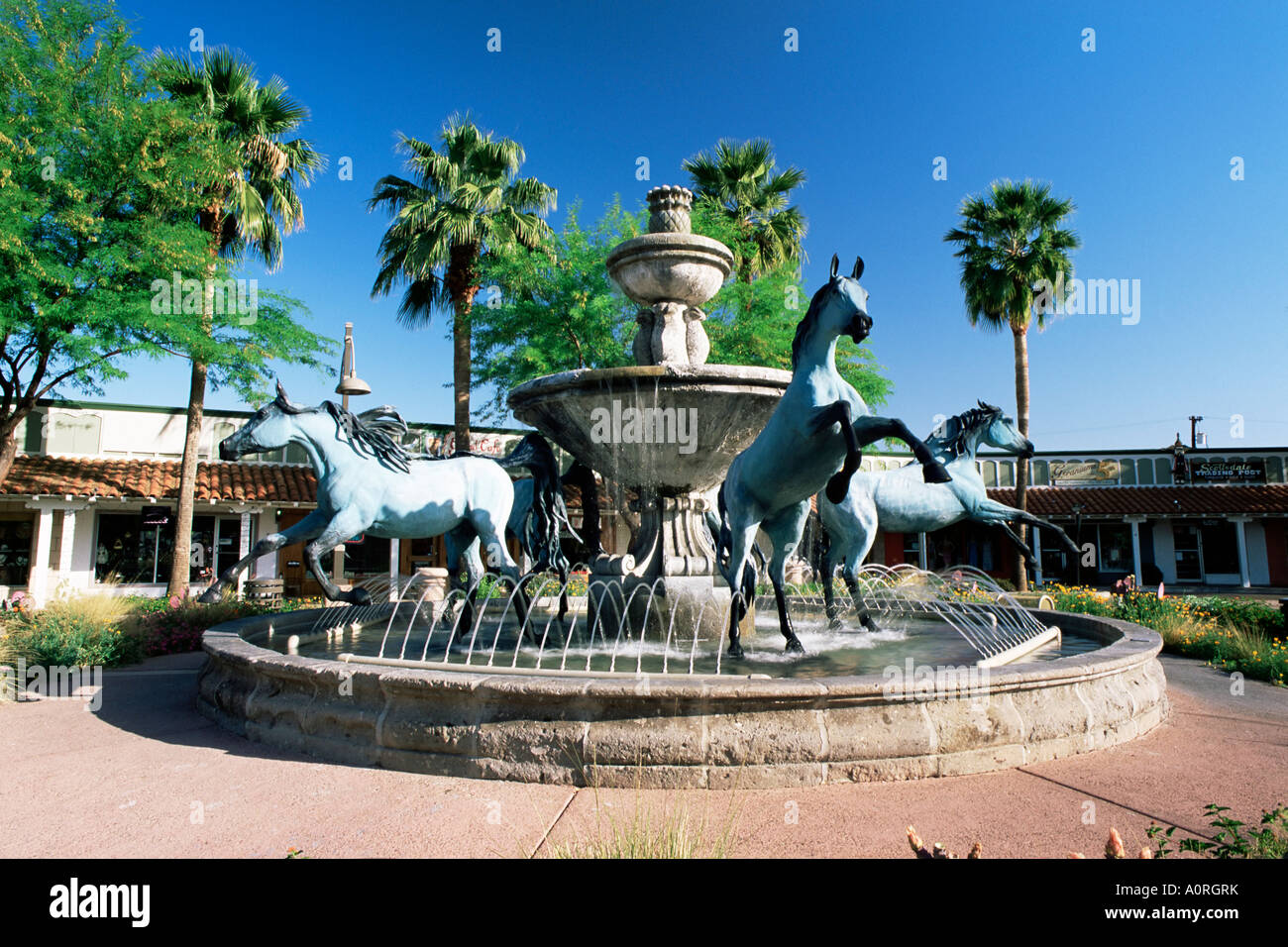 Bronze horse fountain in the up market 5th Avenue shopping district