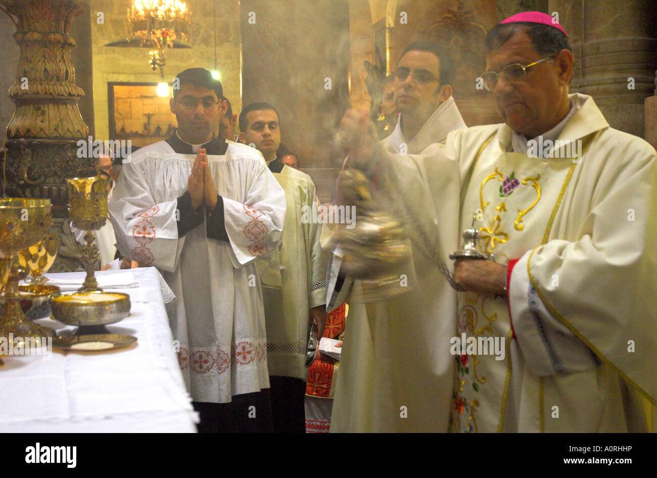Monseigneur Fouad Boutros Tawal Coadjutor of the Latin Patriarch of Jerusalem swinging incense