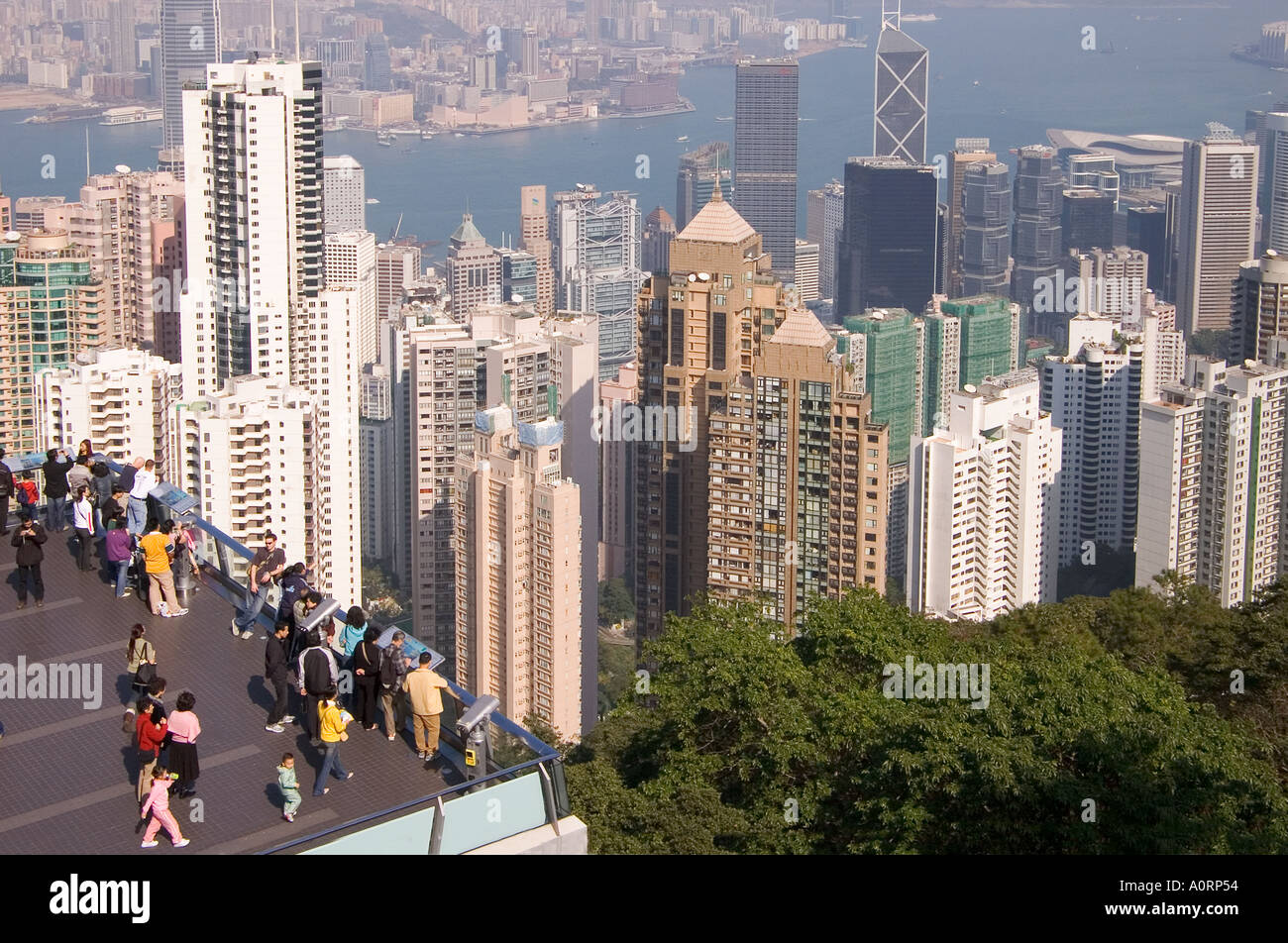 dh viewpoint VICTORIA PEAK HONG KONG Peak Tower tram terminal terrace lookout Central midlevel buildings Stock Photo