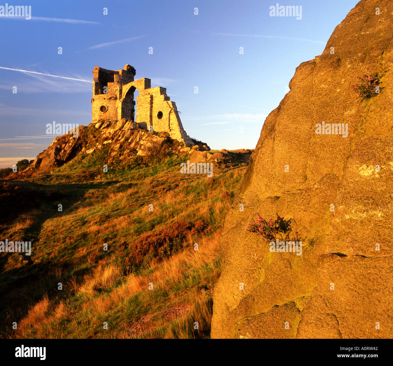 Late Evening Sunlight Illuminates Mow Cop Castle Folly Near Biddulph Cheshire England UK Stock