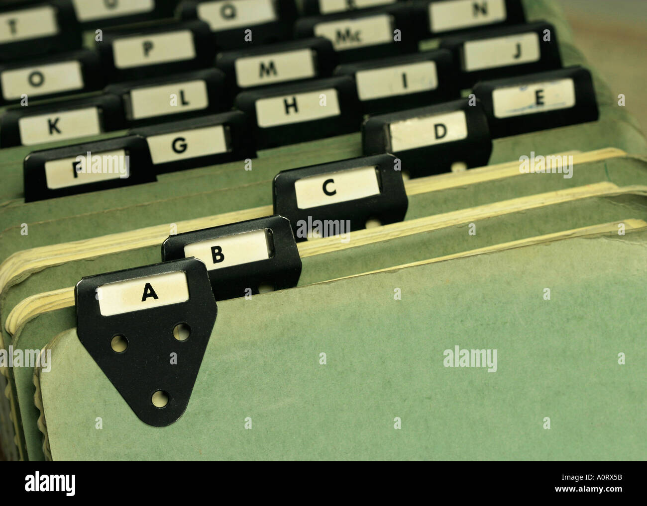 Alphabetized index tabs in a neat and organized card filing system