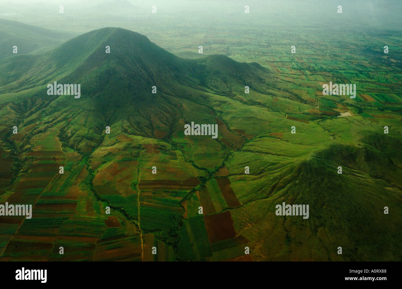Aerial photograph of lush green rural countryside farmland in Mexico