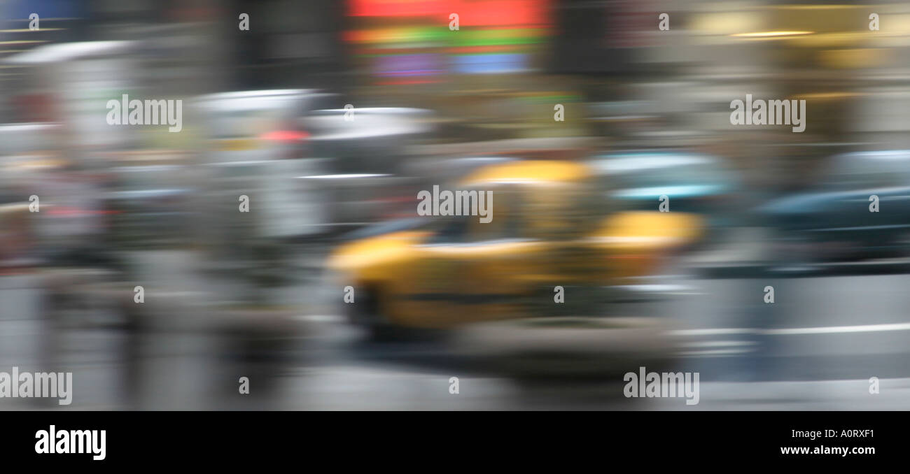 Panoramic motion blurred Manhattan New York City street scene with ...
