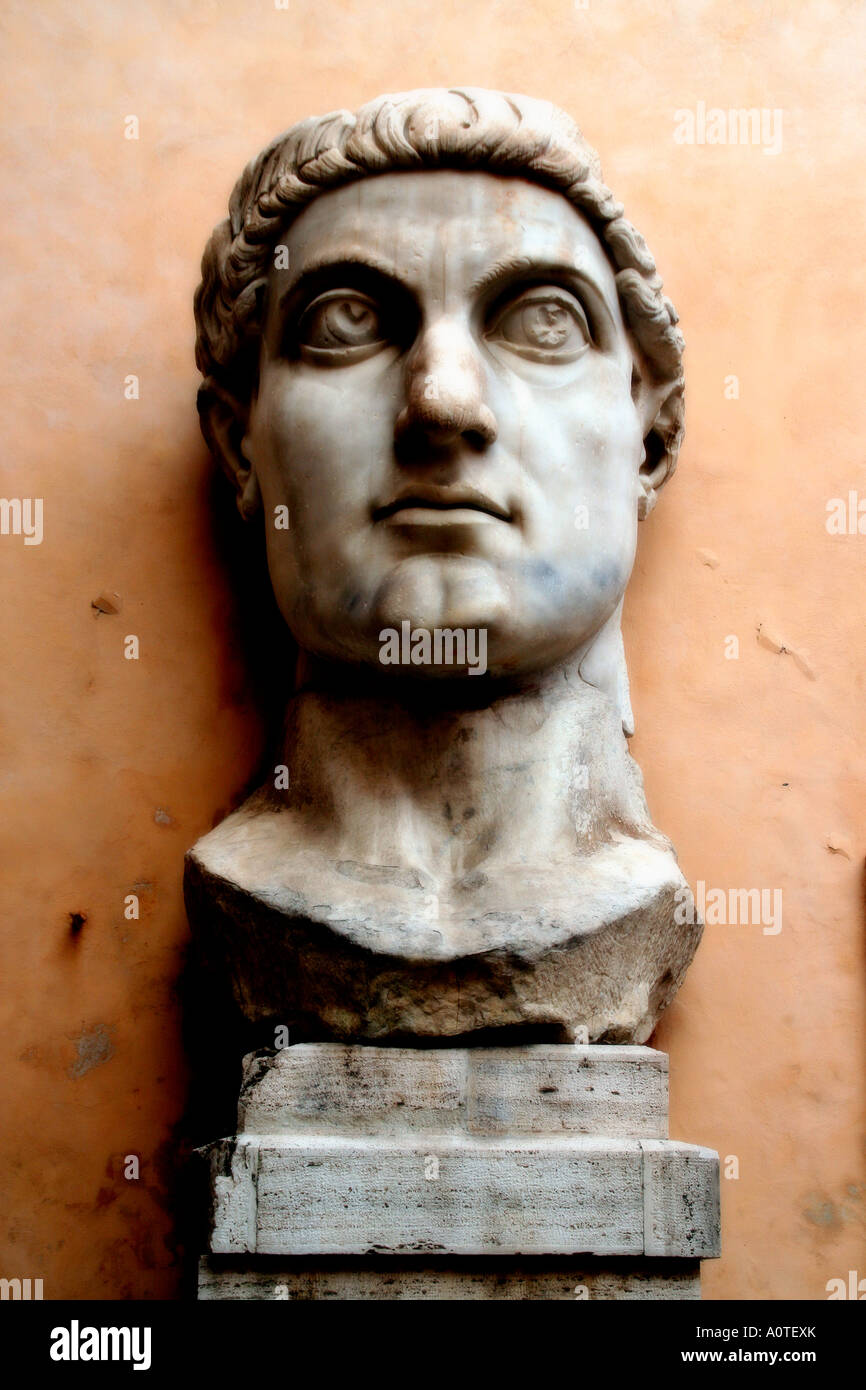 Head of the giant statue of the Emperor Constantine in the courtyard of