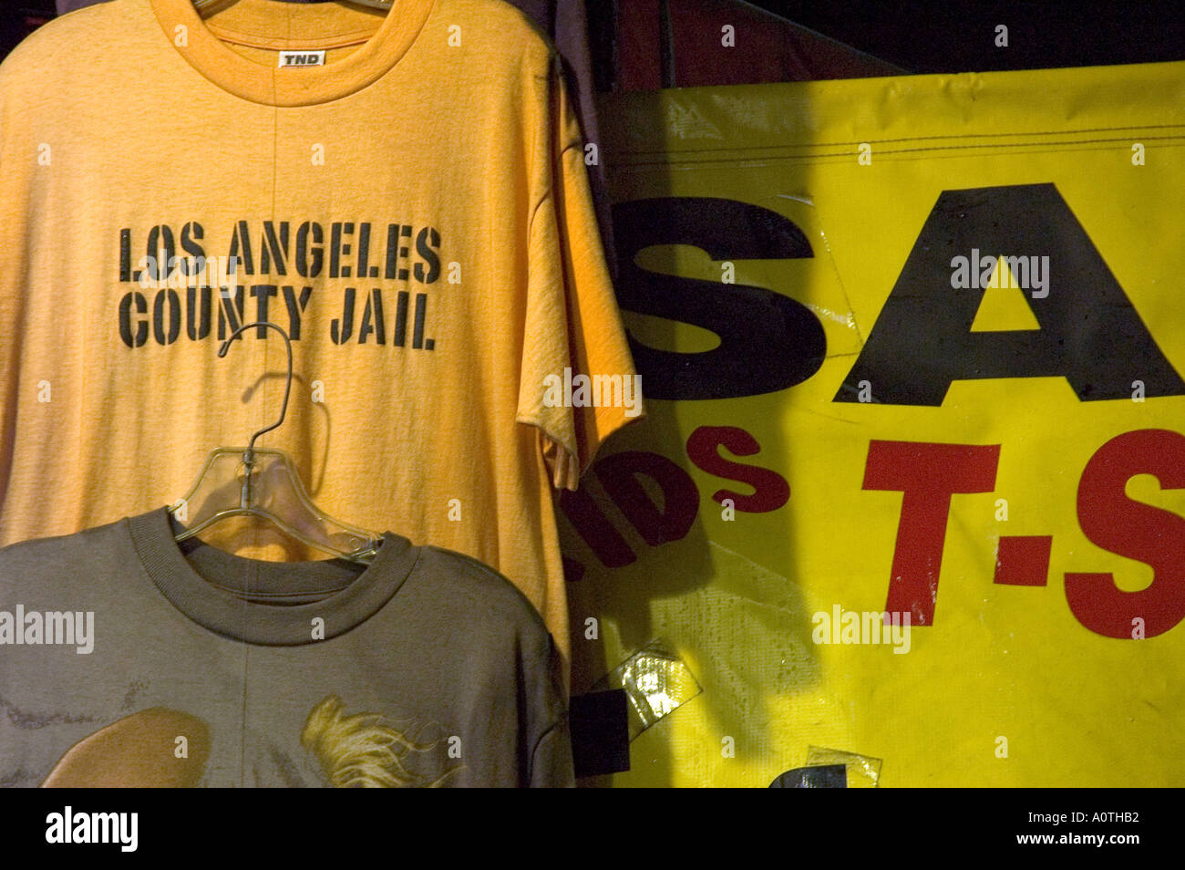 LA t shirts hanging in a souvenir store on Hollywood Boulevard Stock Photo