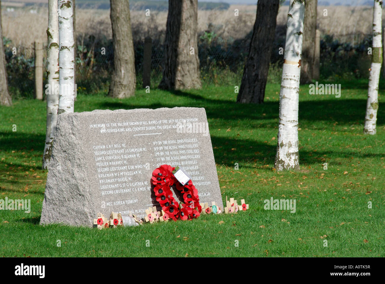 'Memorial to soldiers of 'Ulster regiment' awarded the 'Victoria Cross', 'Authuille Wood', Thiepval, northern France' Stock Photo