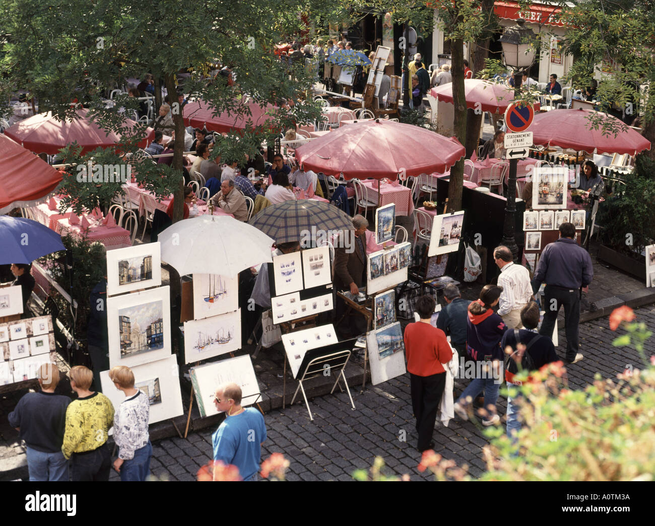 Looking down on Paris Place Du Tertre Montmartre Artists Quarter with ...