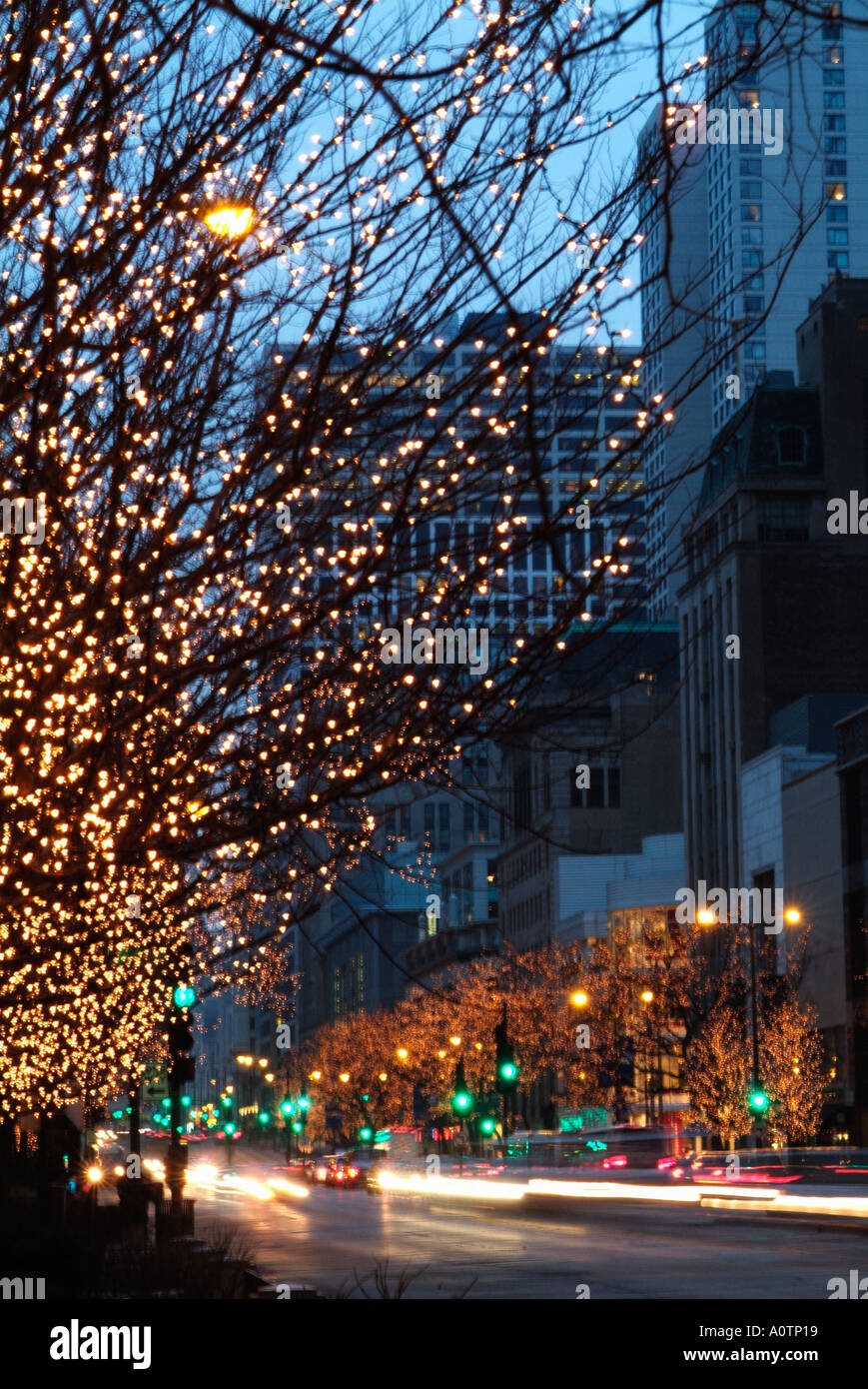 Holiday lights and trafic along Michigan Ave in Chicago Illinois Stock Photo