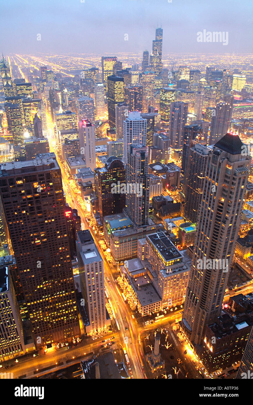 View of Chicago Illinois and Michigan Ave at night Stock Photo
