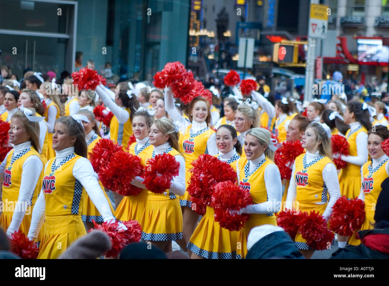 Cheerleaders in checker cab uniforms in the 2005 Macy's Thanksgiving