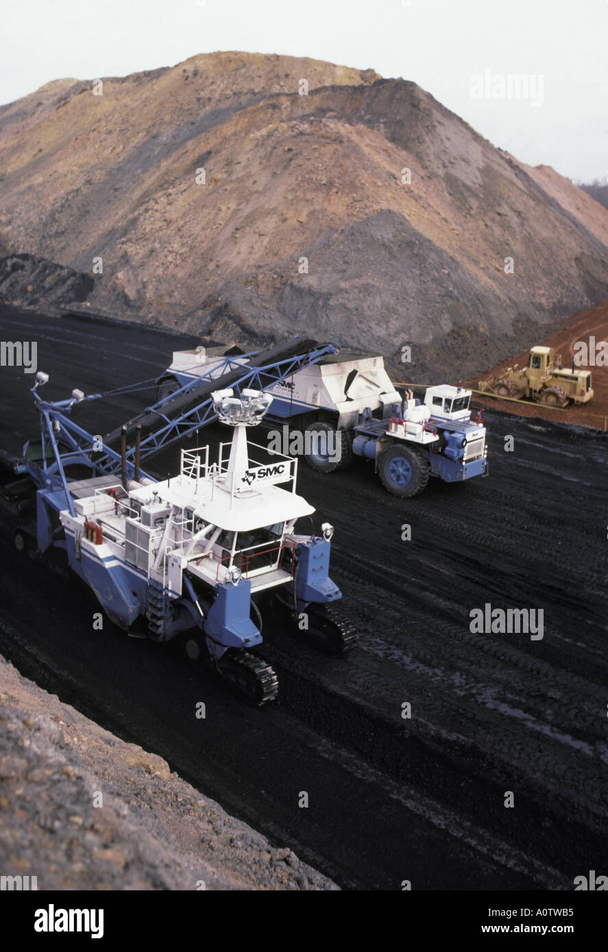 Coal mining haul trucks and conveyor machinery at Texas open pit coal