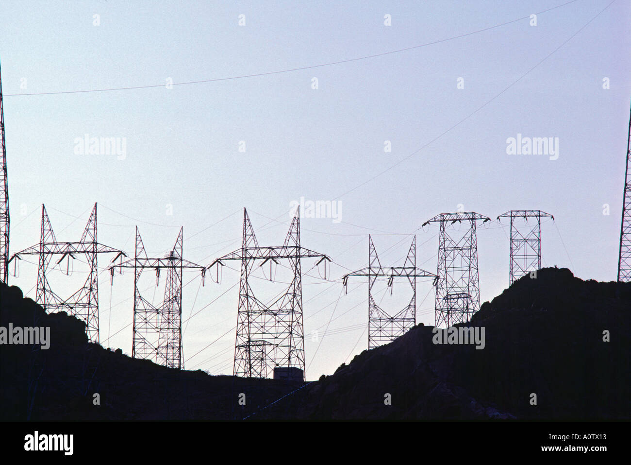 Electric transmission pylons at the Hoover dam power grid Stock Photo