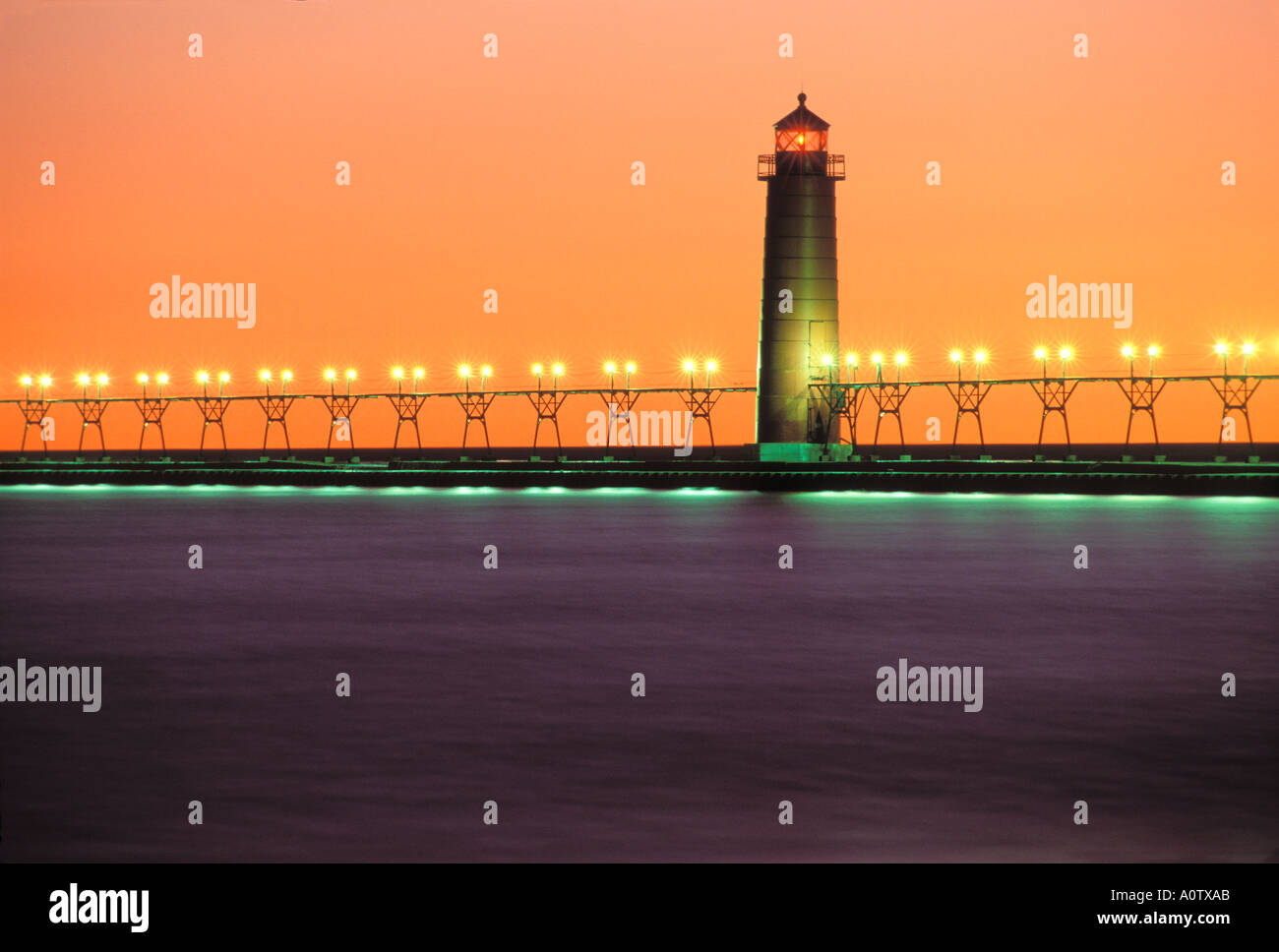 Grand Haven Pier Lighthouse and Lake Michigan in Michigan Stock Photo
