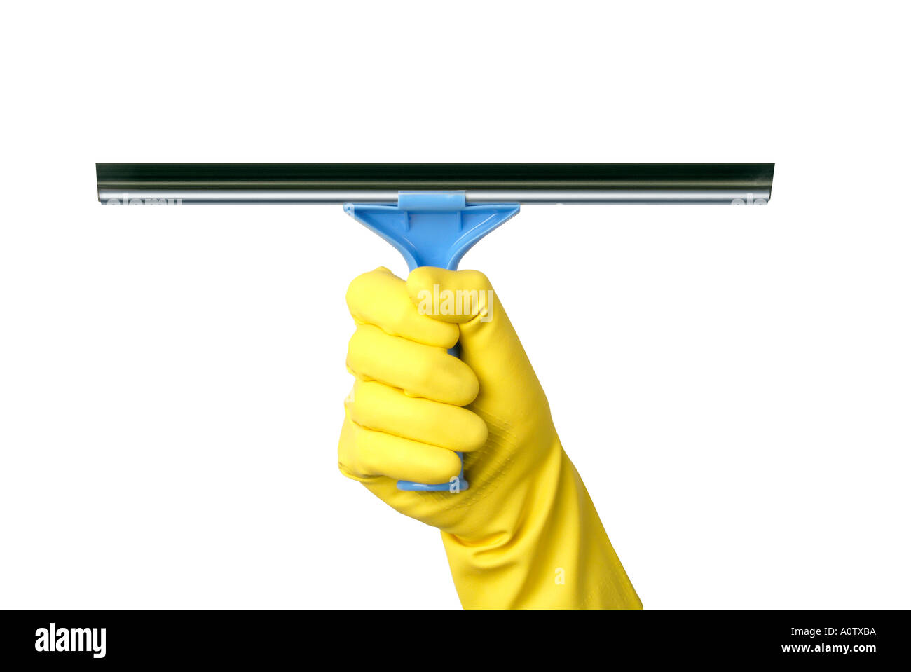 Hand in the rubber glove with window wiper Hand im Gummihandschuh mit Fensterwischer Stock Photo