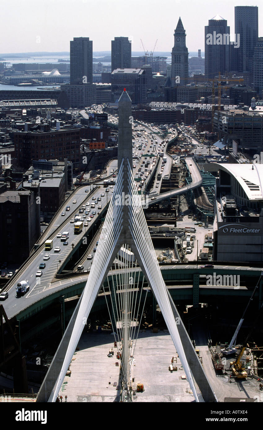 Bunker Hill Zakim cable stayed bridge under construction. Part of the