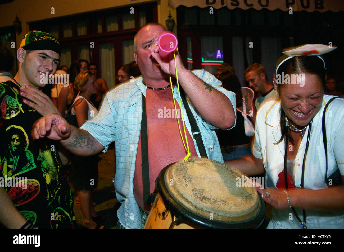 Ayia Napa, Cyprus. English tourists outside a bar on the main square Seferis Platea. Hen Party Stock Photo