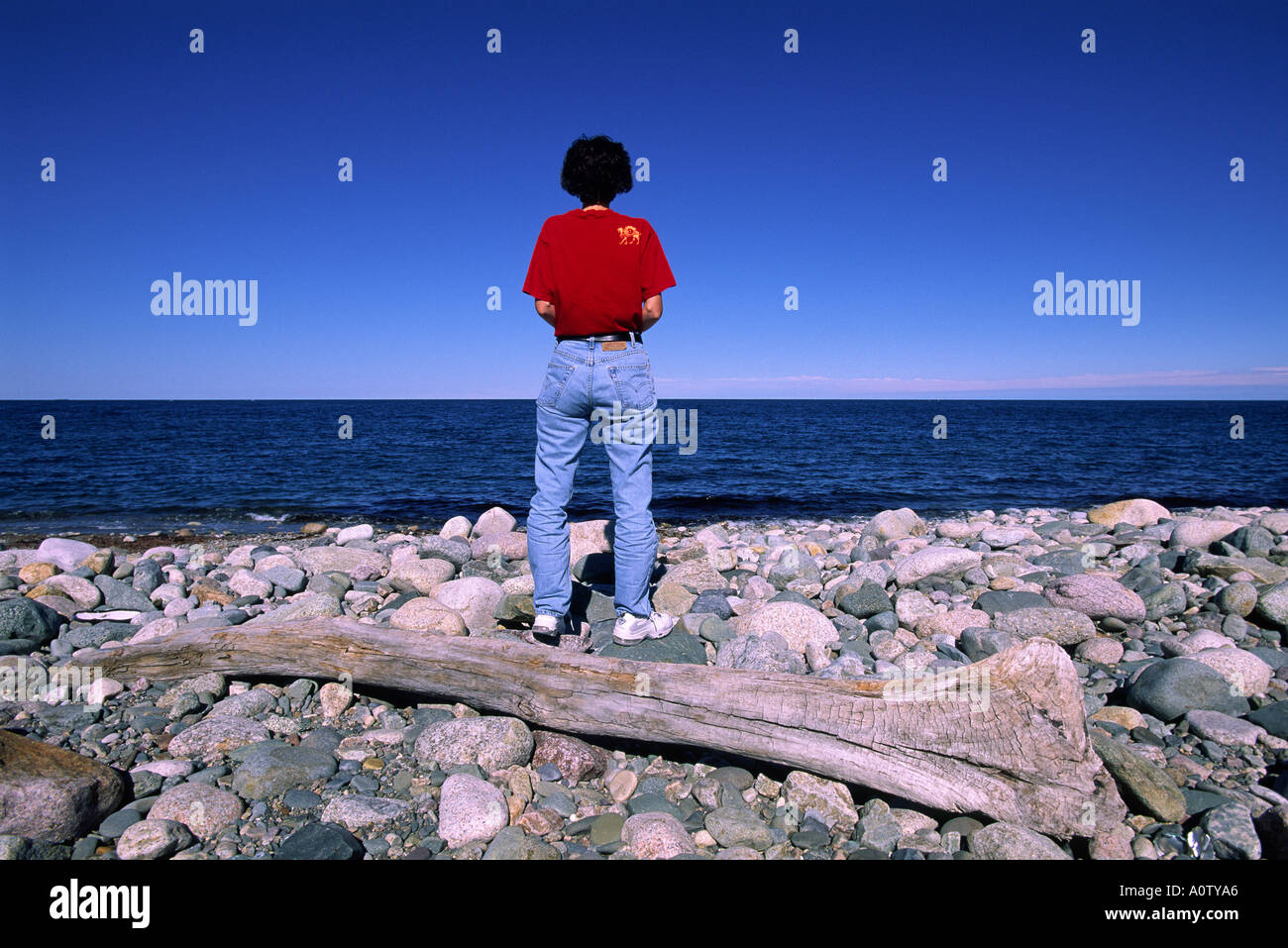 A lone woman looks out at the sea on a rocky beach Stock Photo