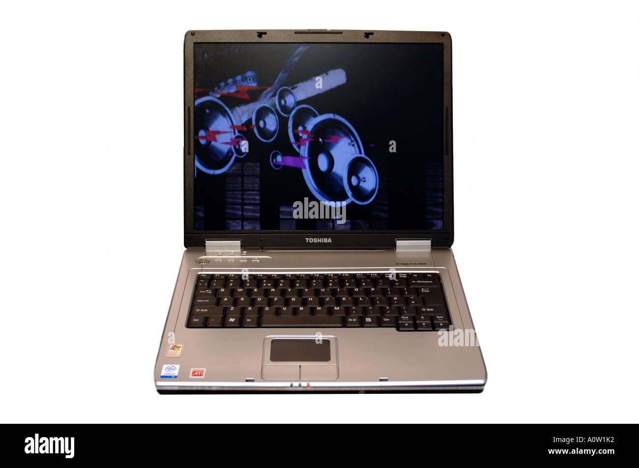 Silver colored Portable Laptop Computer showing the TFT flat screen Stock Photo