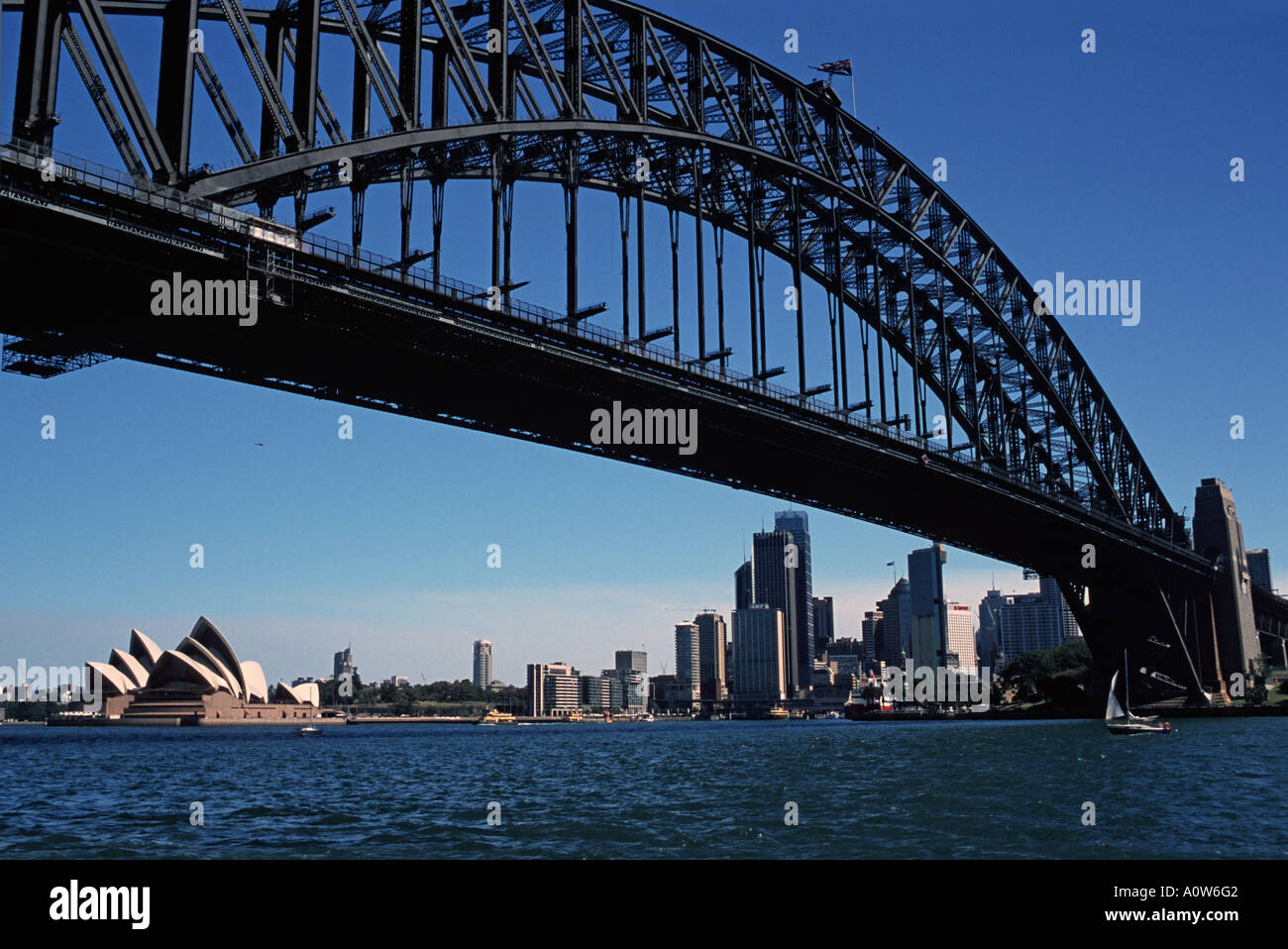 View of the famous Sydney Harbour Bridge and Opera House below Sydney New South Wales Australia Stock Photo