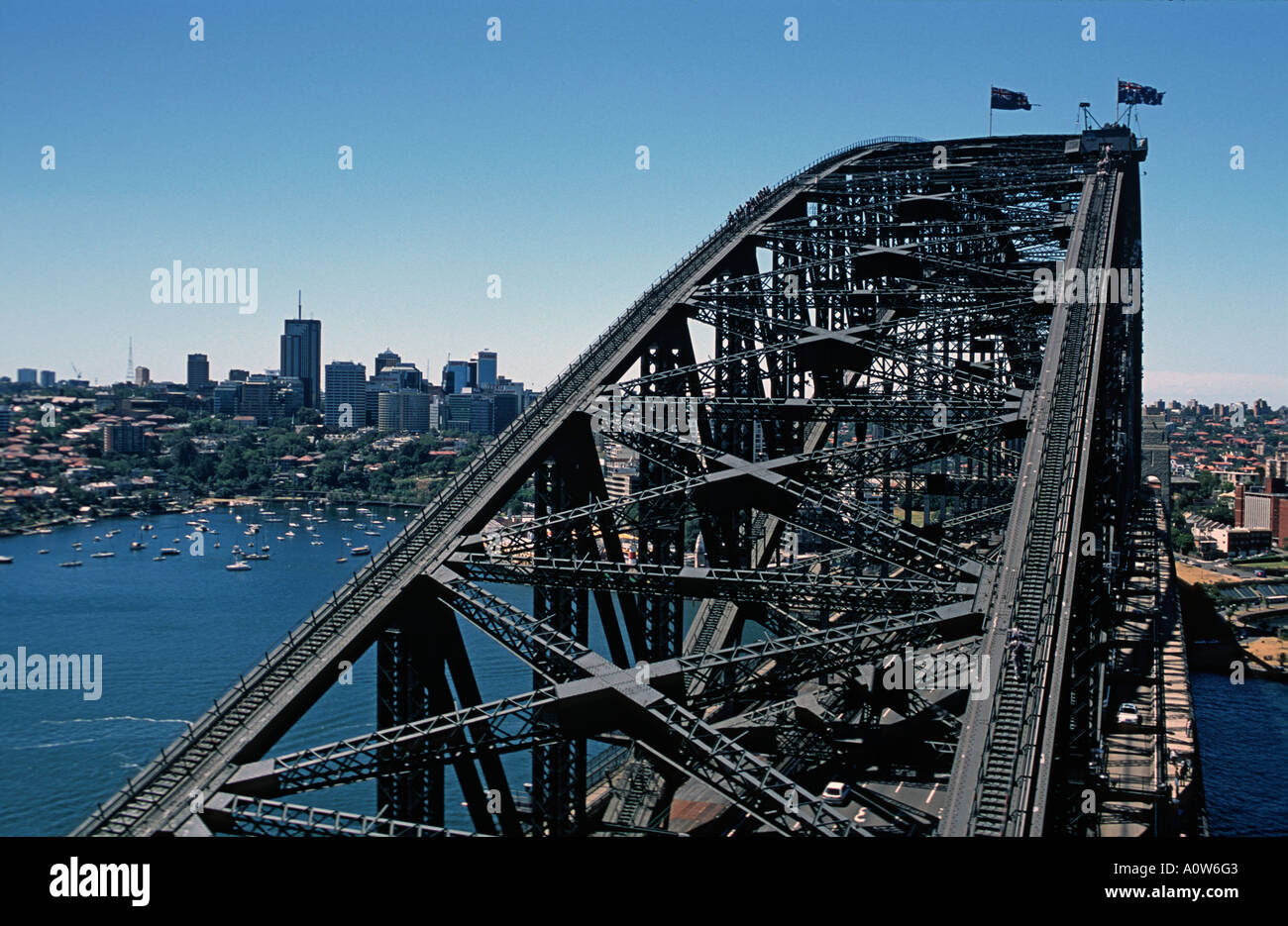 View towards Sydney s business district from near the top of the famous Sydney Harbour Bridge New South Wales Australia Stock Photo
