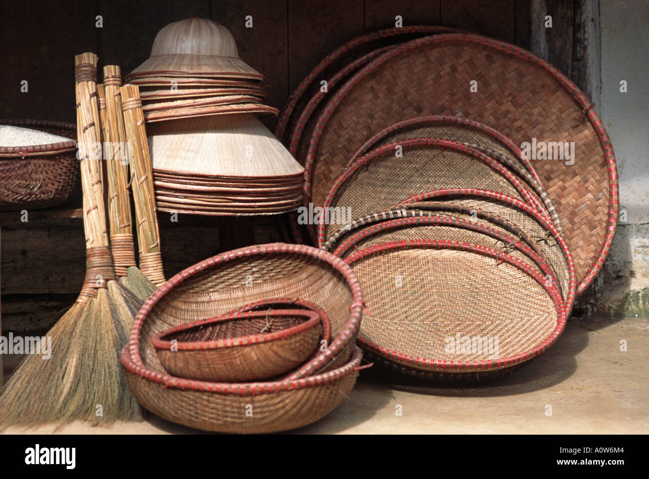 Selection of handmade Vietnamese baskets organised in a display outside a local shop Sapa Vietnam Stock Photo