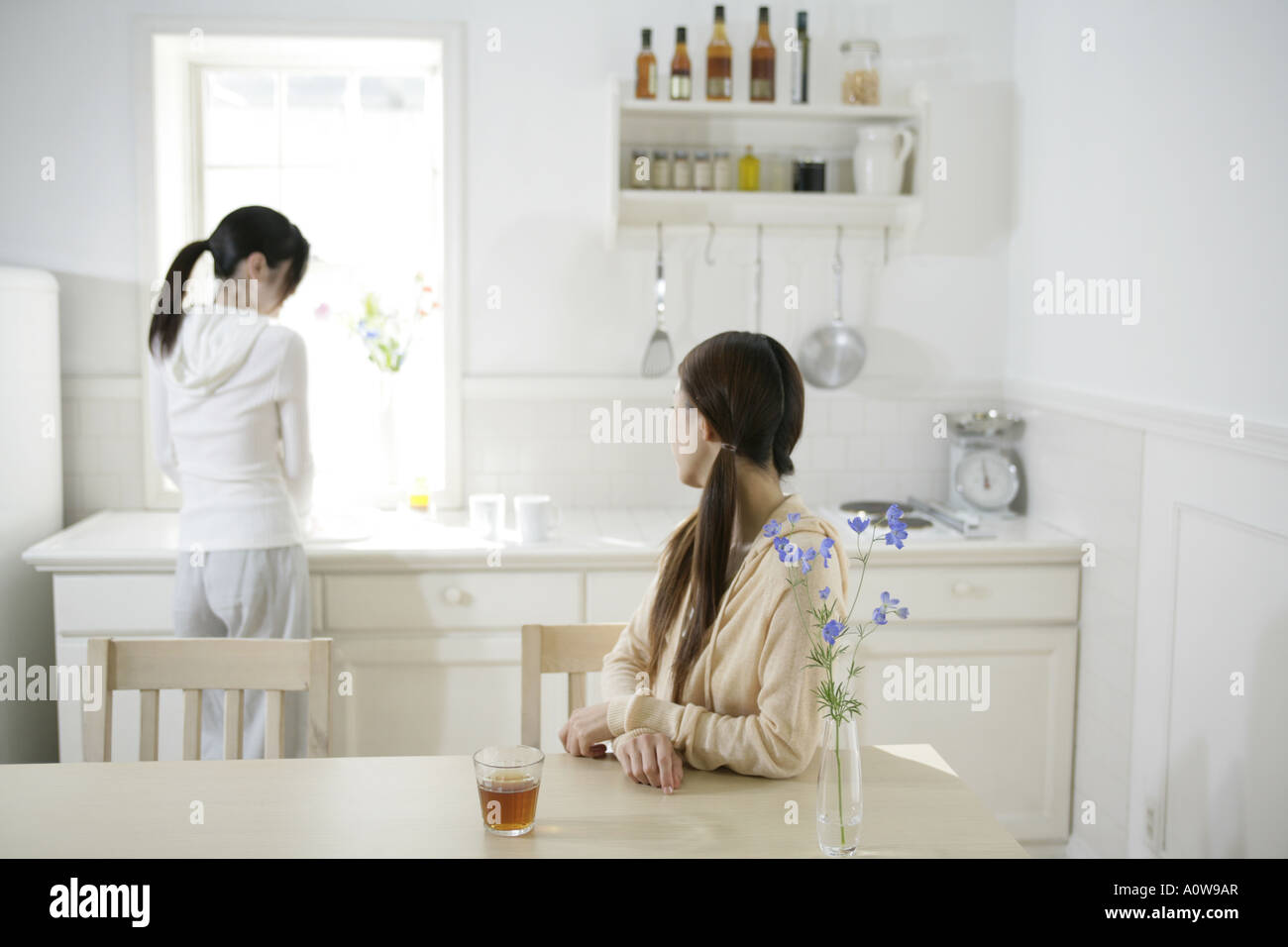 Two young women in the kitchen Stock Photo Alamy