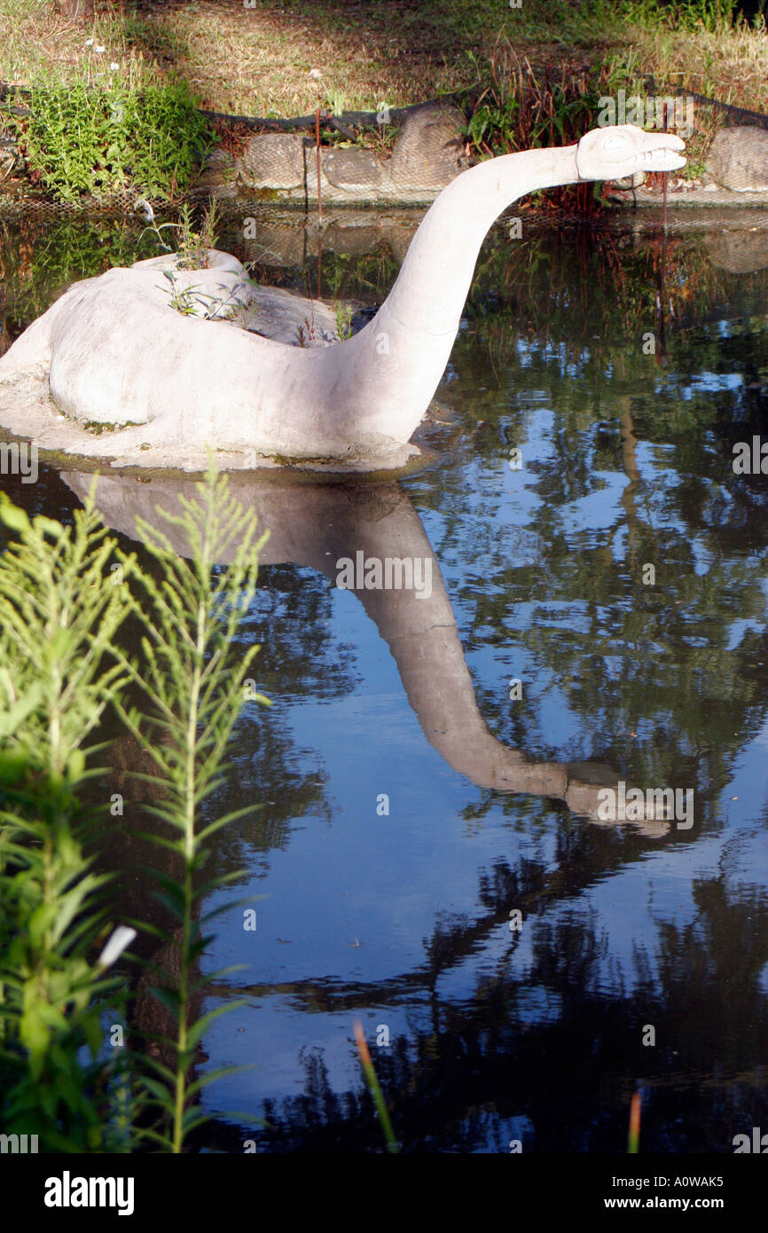stone dinosaur,  Lower Lake, Crystal Palace Park, London Stock Photo