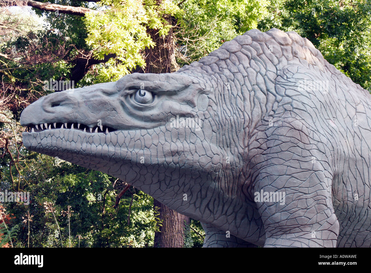 stone dinosaur, lower lake, Crystal Palace Park, London Stock Photo
