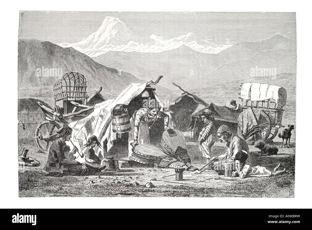 gipsy camp Caucasus work bellow smelt fire horse wagon cart family smoke pipe bucket mountain Armenia Russia nomad traveler migr Stock Photo