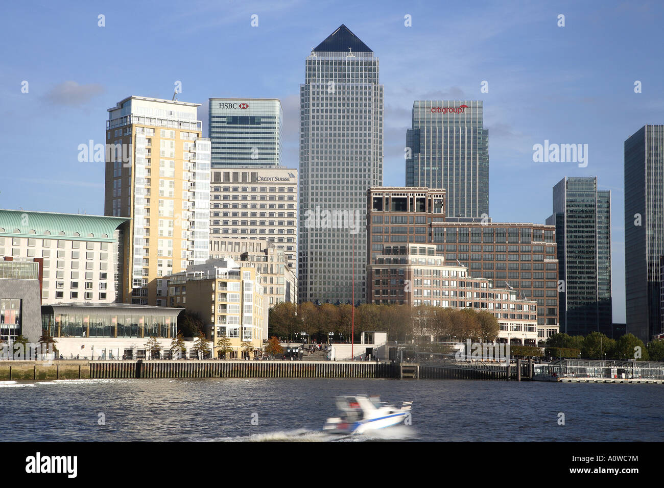Docklands Canary Wharf and boat Stock Photo - Alamy