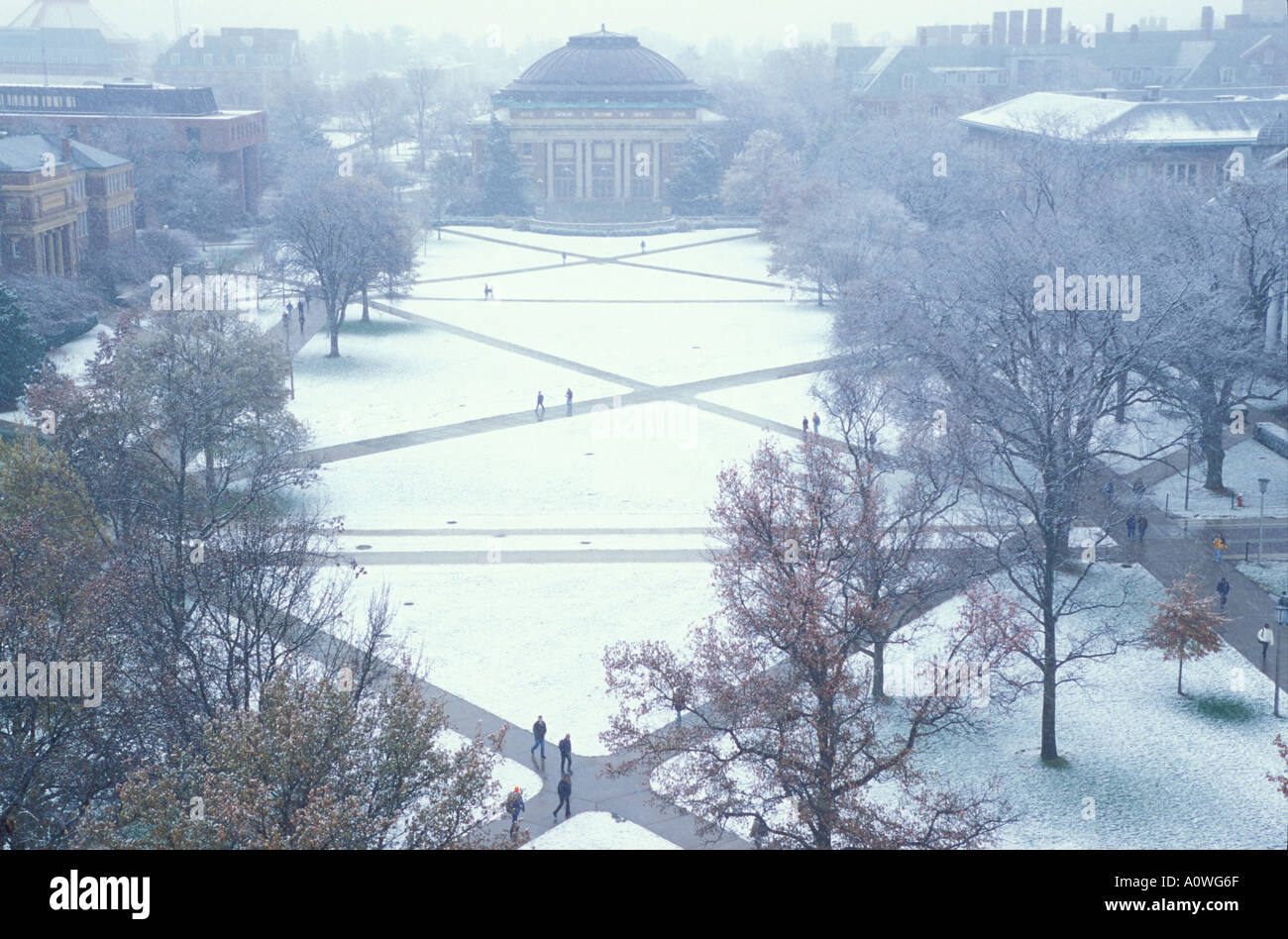 Foellinger Auditorium and the snow covered quad at the University of Illinois Urbana Champaign Illinois Stock Photo