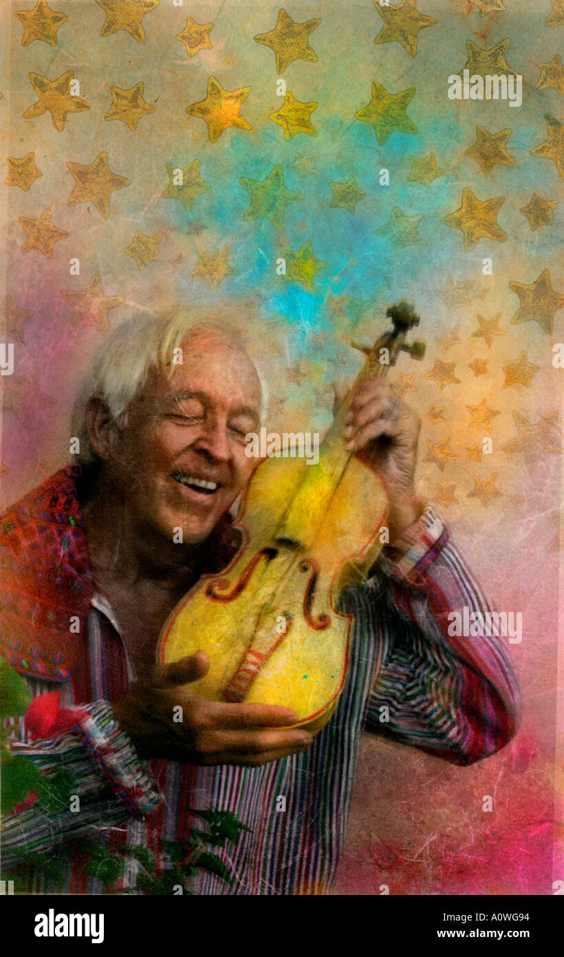 Old man with yellow violin art photo illustration. Stock Photo