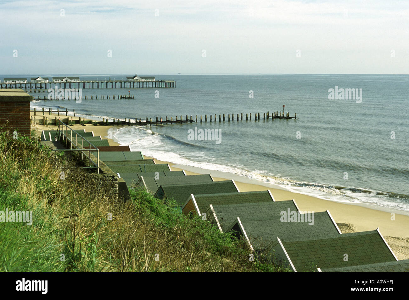 View across Southwold beach front with the pier in the background Stock Photo