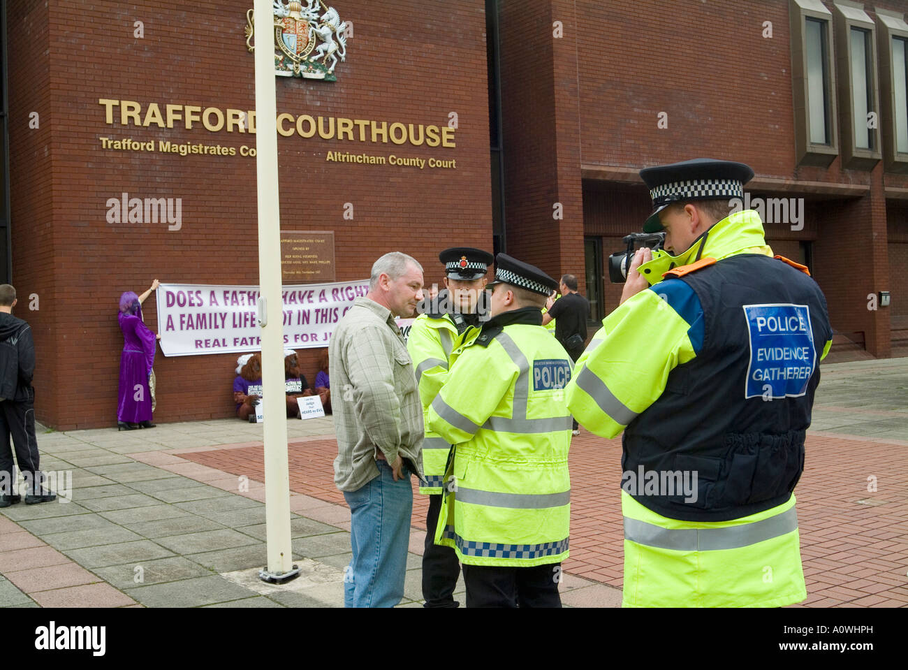 Real Fathers For Justice campaigners outside Trafford Magistrates in Manchester during the