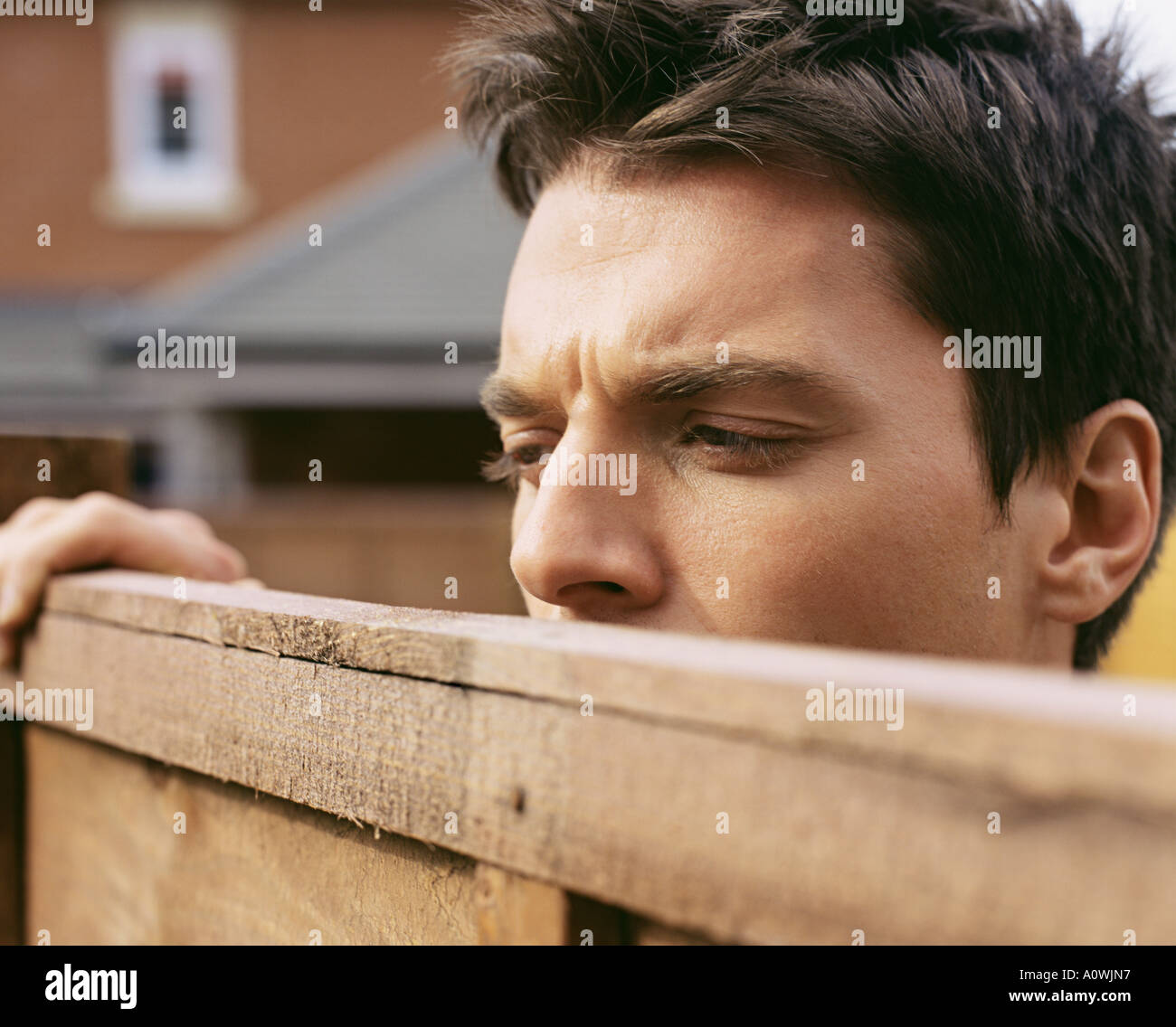 Man looking over garden fence Stock Photo