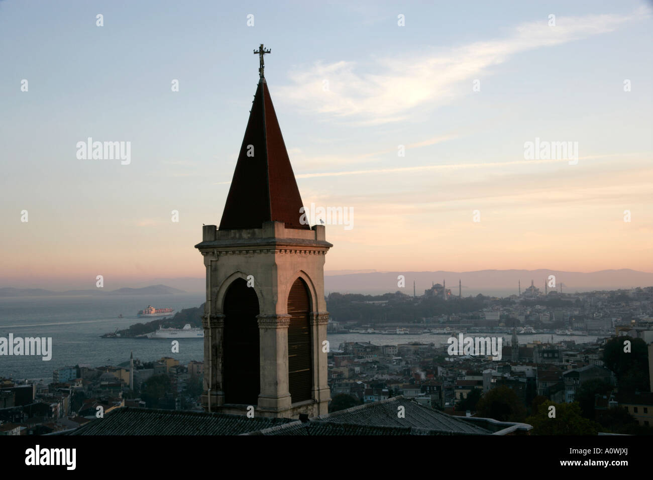 VIEW FROM SAINT ANTHONY'S CATHOLIC CHURCH, ISTANBUL, TURKEY, WITH THE BLUE MOSQUE AND AYA SOFYA IN THE BACKGROUND Stock Photo