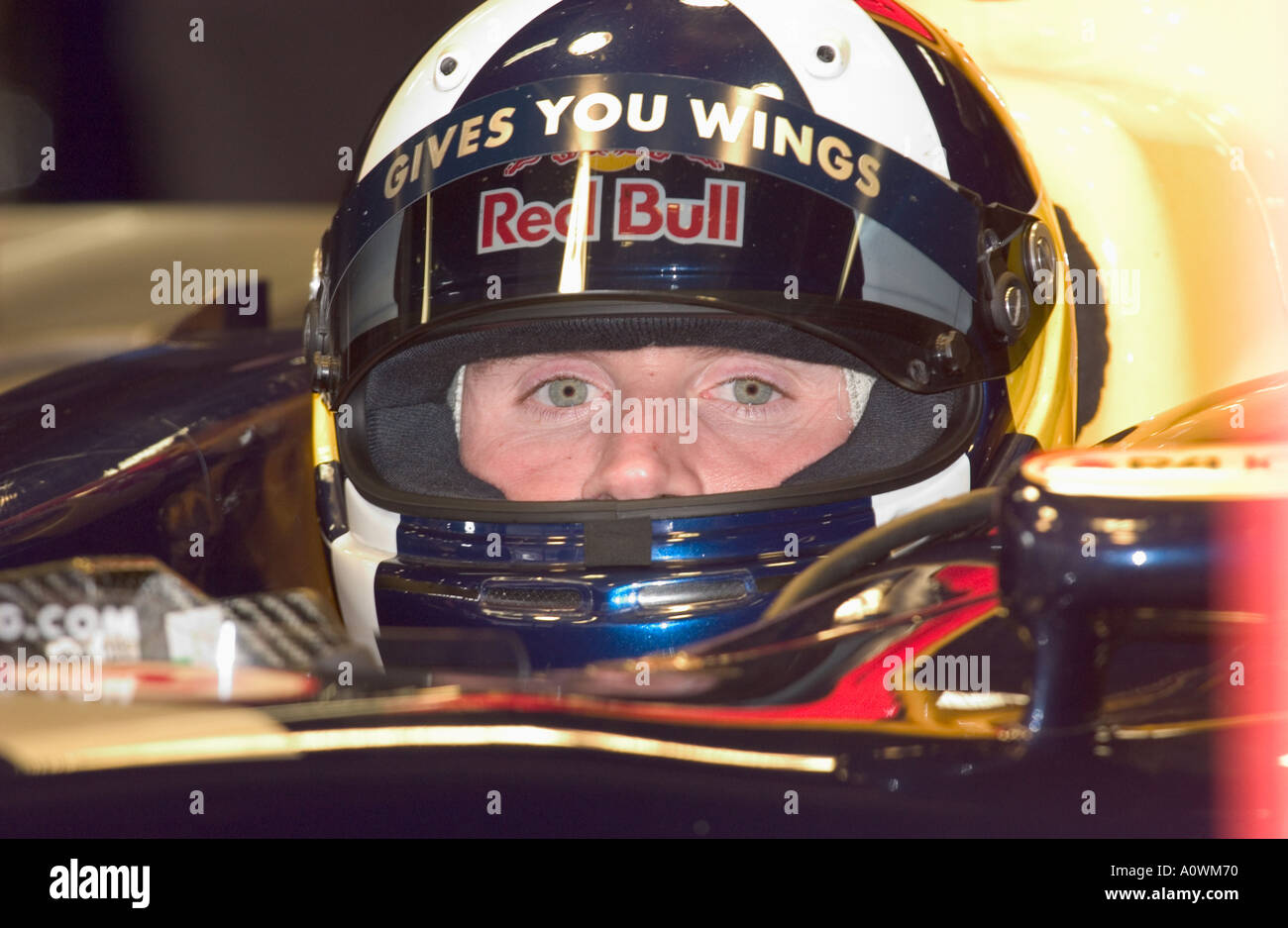 Driver David Coulthard from Scottland in his Red Bull racing car at the Circuit de Catalunya in Barcelona  Stock Photo