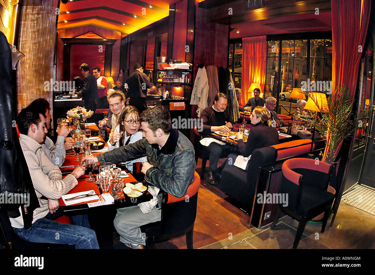 PARIS France, Crowd of young Adults drinking Sharing Meals Dining, at Tables inside 'Le Suffren' French Brasserie Restaurant, People at Night, crowded Stock Photo