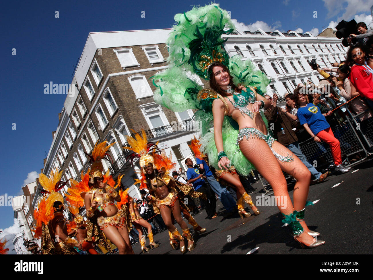 Quilumbo do Samba Brazilian Samba band parade through the streets of Notting Hilli during the carnival Stock Photo