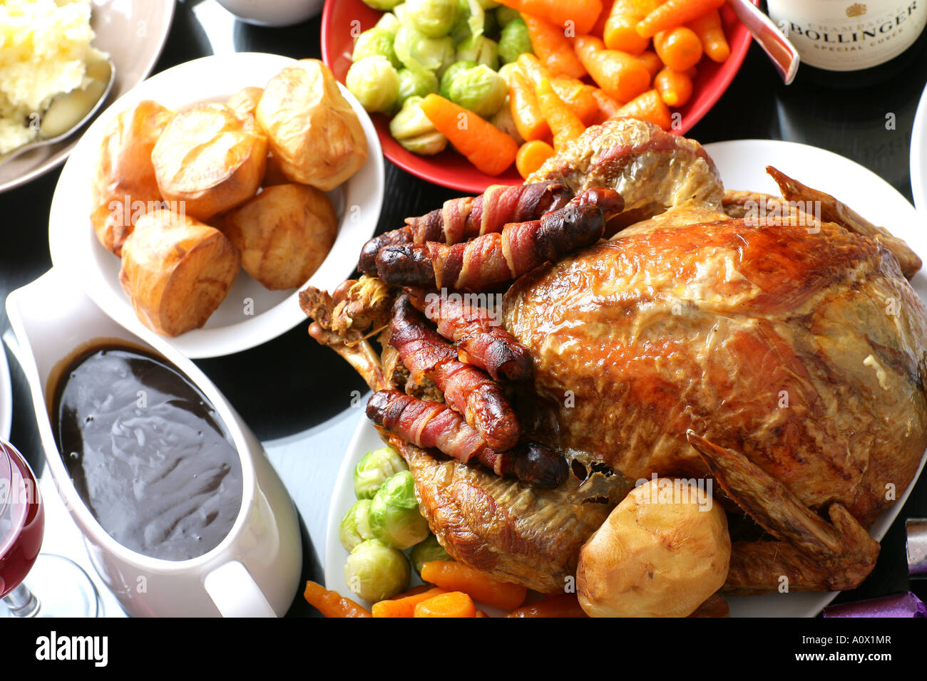 Traditional Authentic Roast Turkey Celebration Christmas Dinner With No People Stock Photo