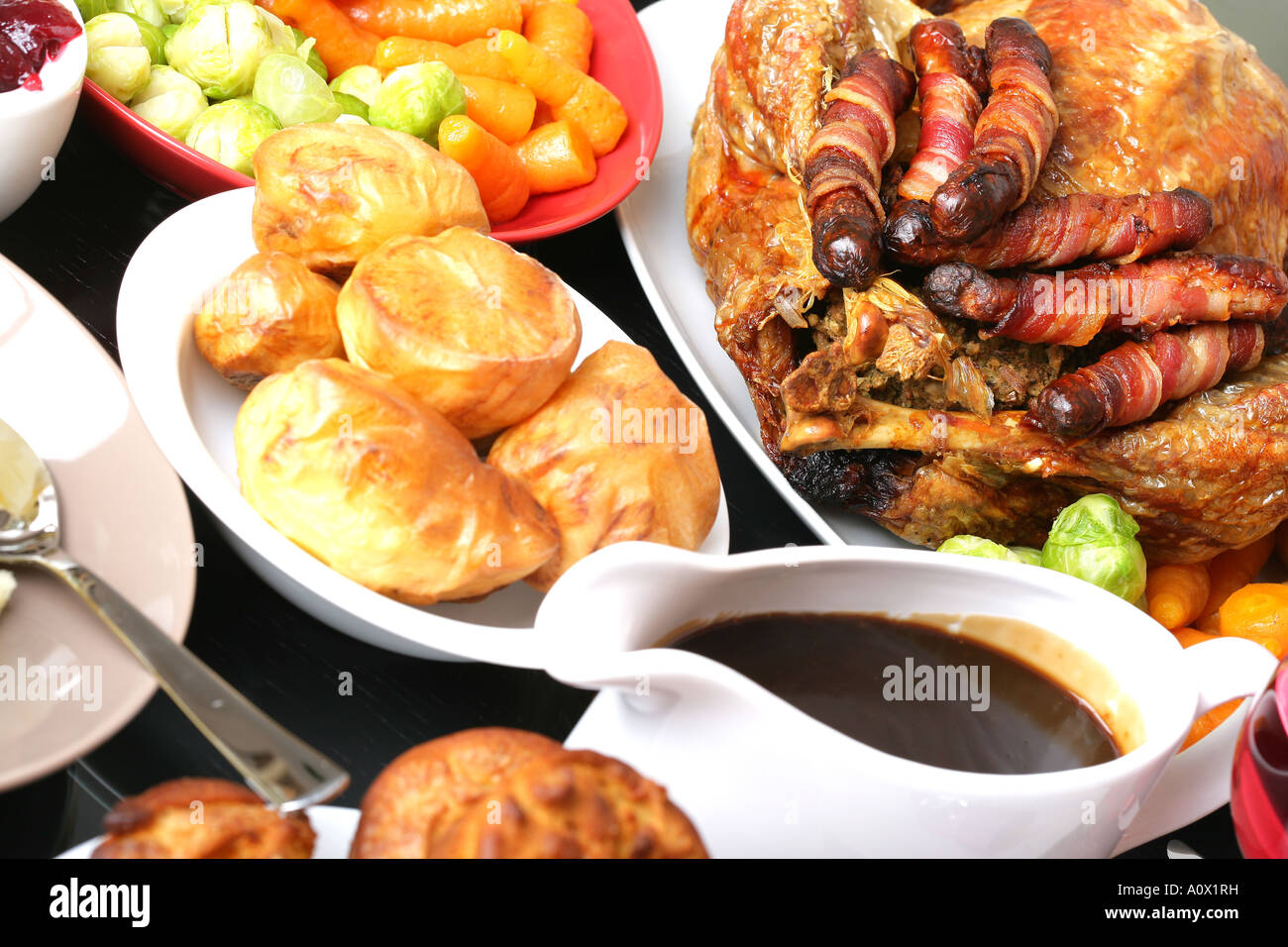 Authentic Traditional Roast Turkey Christmas Dinner With A Gravy Boat And No People Stock Photo