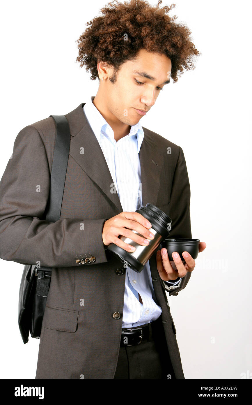 Young Man Using Thermo Flask Model Released Stock Photo
