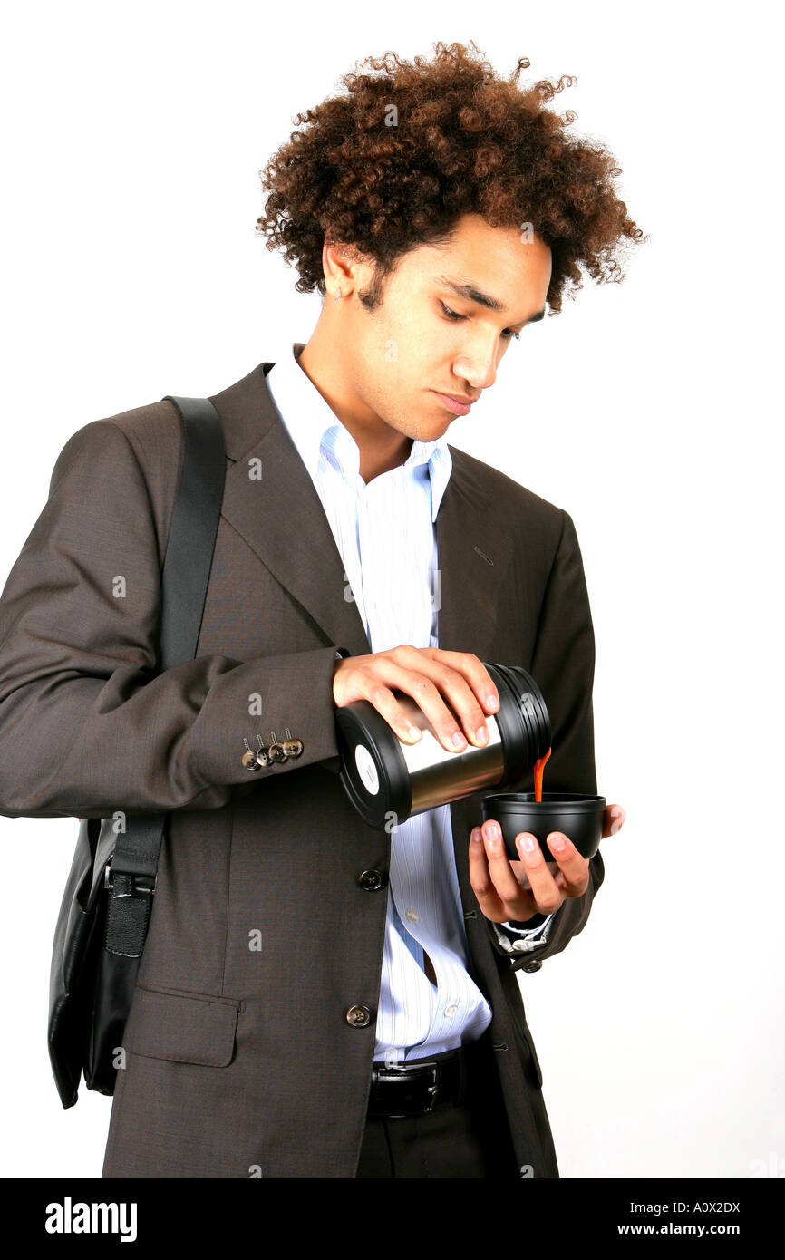 Young Man Using Thermo Flask Model Released Stock Photo