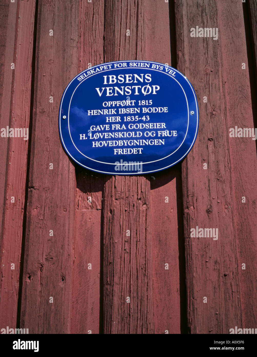 Plaque on the wall of the barn at Ibsen's Venstøp, Skien, Telemark, Norway. Stock Photo