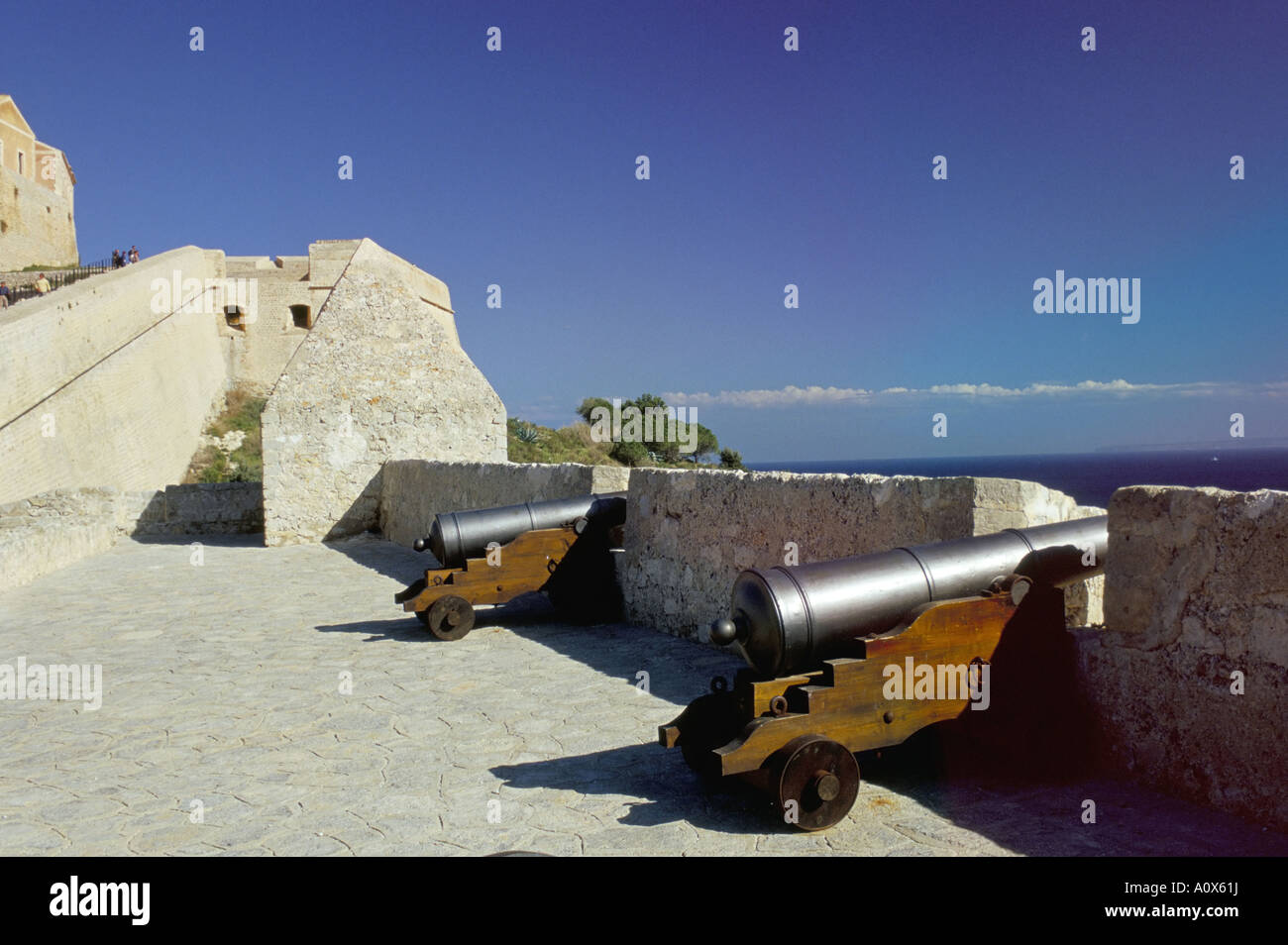 Cannons on Ibiza old centre Alta Vila Dalt Vila Upper Town Ibiza Town Ibiza Balearic Islands Spain Mediterranean Europe Stock Photo
